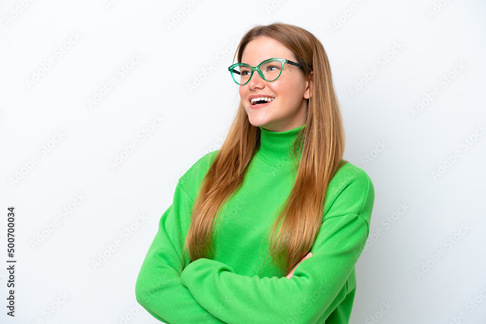 Young caucasian woman isolated on white background happy and smiling Young caucasian woman isolated on white background happy and smiling