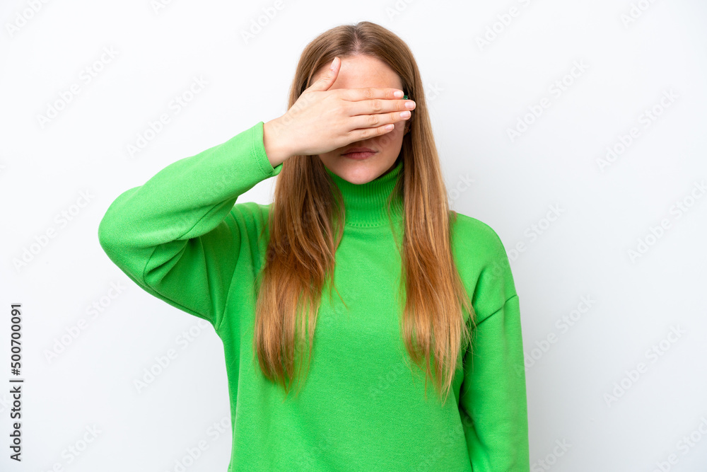 Young caucasian woman isolated on white background covering eyes by hands. Do not want to see something Young caucasian woman isolated on white background covering eyes by hands. Do not want to see something