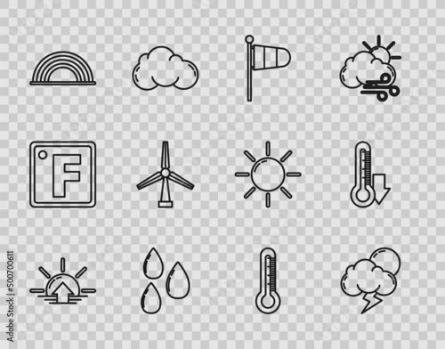 Set line Sunrise, Storm, Cone meteorology windsock wind vane, Water drop, Rainbow with clouds, Wind turbine, Thermometer and icon. Vector