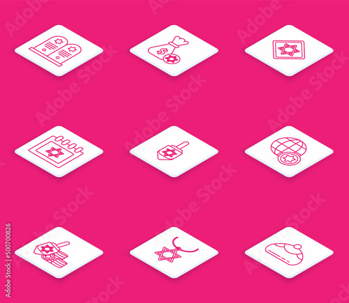 Set line Tombstone with star of david, Jewish money bag and coin, Star David, calendar, Hanukkah dreidel, World Globe Israel, and necklace chain icon. Vector