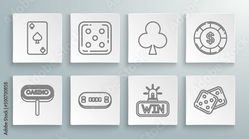 Set line Casino signboard, Game dice, Poker table, win, Playing card with clubs symbol, chip dollar and spades icon. Vector