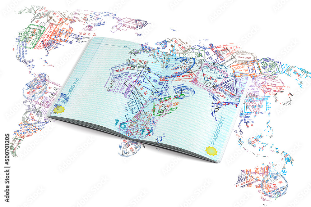Passport stamps of different visa country in form of world map. Travel, tourism and immigration concept background. - obrazy, fototapety, plakaty 