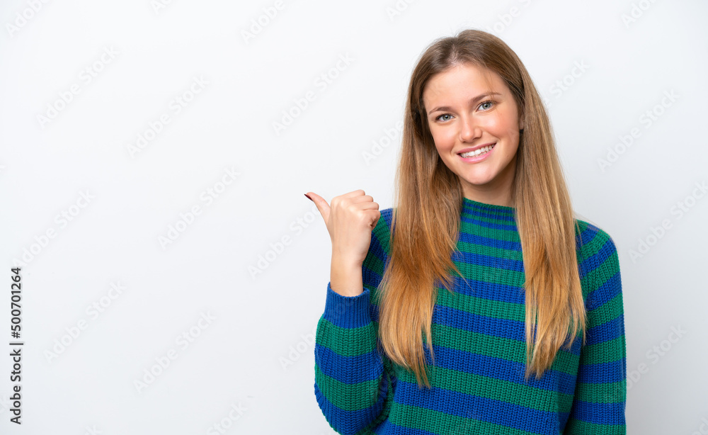 Young caucasian woman isolated on white background pointing to the side to present a product Young caucasian woman isolated on white background pointing to the side to present a product