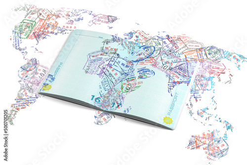 Passport stamps of different visa country in form of world map. Travel, tourism and immigration concept background.