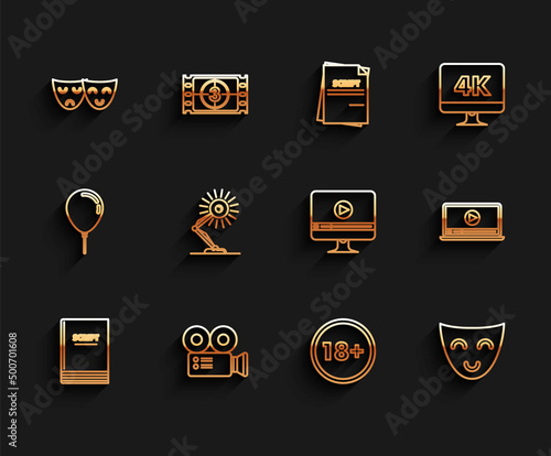 Set line Scenario, Cinema camera, Comedy and tragedy theatrical masks, Under 18 years, Table lamp, Online play video and icon. Vector