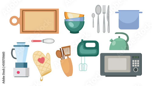 Set of kitchen appliances on white background. Vector illustration home appliances and crockery kettle, mixer, juicer, microwave, board, pots and bowls in cartoon style.
