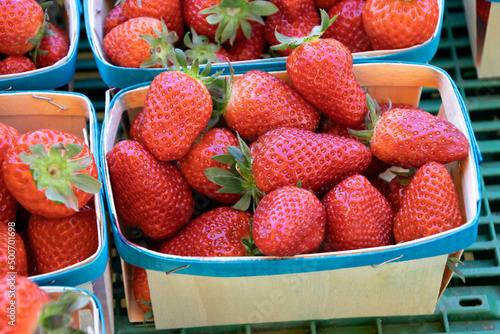 strawberries in wooden trays on the market photo