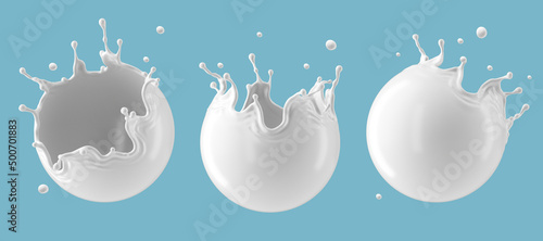 3d illustration, collection of spherical milk splashes isolated on blue background. White paint splashing. Round liquid clip art collection