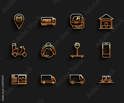 Set line Postcard, Delivery cargo truck vehicle, Placeholder on map paper, Railway carriage, Support operator in touch, Mobile phone with app delivery tracking and Scale icon. Vector