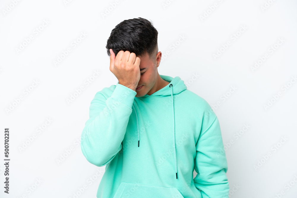 Young caucasian handsome man isolated on white background with headache Young caucasian handsome man isolated on white background with headache