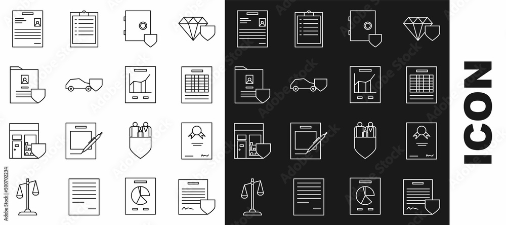 Set line Contract with shield, Certificate template, Report file document, Safe, Car, Document, Personal and graph chart icon. Vector Set line Contract with shield, Certificate template, Report file document, Safe, Car, Document, Personal and graph chart icon. Vector