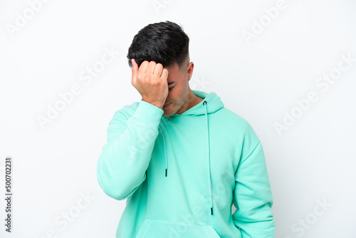 Young caucasian handsome man isolated on white background with headache