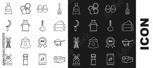 Set line Cheese, Wheelbarrow with dirt, Wooden box harvest, Chicken egg in, Can container for milk, Sickle, Bag of flour and Onion icon. Vector