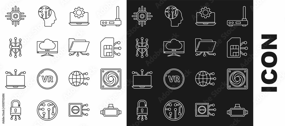 Set line Virtual reality glasses, Computer cooler, Sim card, Laptop and gear, monitor screen, Processor, and Folder lock icon. Vector Set line Virtual reality glasses, Computer cooler, Sim card, Laptop and gear, monitor screen, Processor, and Folder lock icon. Vector