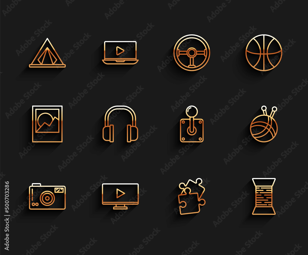 Set line Photo camera, Online play video, Tourist tent, Piece of puzzle, Sewing thread on spool, Headphones, Yarn ball with knitting needles and Joystick for arcade machine icon. Vector Set line Photo camera, Online play video, Tourist tent, Piece of puzzle, Sewing thread on spool, Headphones, Yarn ball with knitting needles and Joystick for arcade machine icon. Vector
