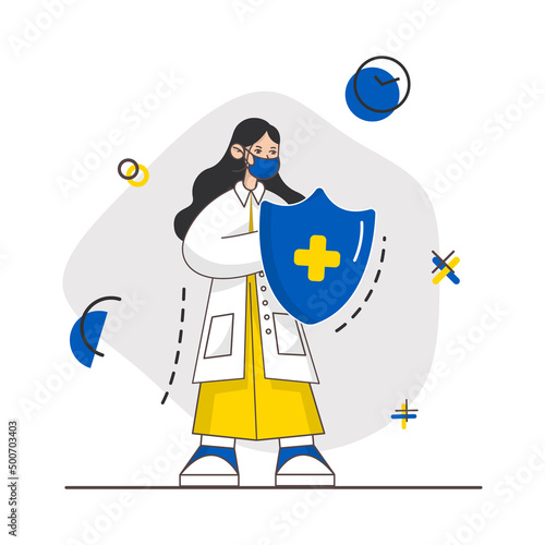Ukrainian girl medic with shield. Pray Ukraine. Save Ukraine. Stop war. Vector stock illustraion. Isolated eps10.