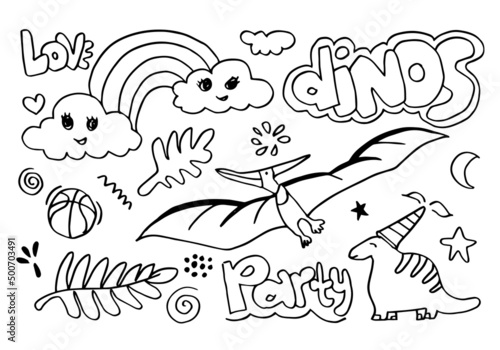 Vector dinosaur illustration with rainbow, star, leaves and more.