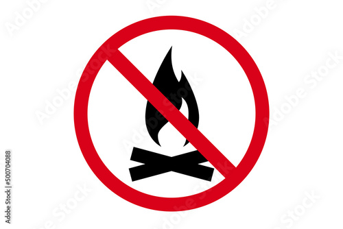 Red prohibition sign with a campfire symbol is isolated on a white background. No bonfire allowed icon.