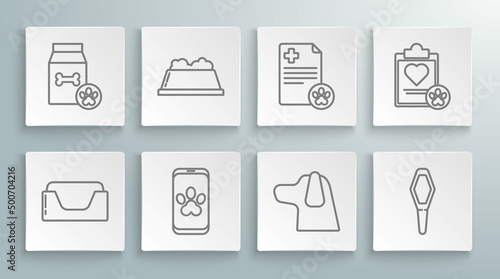 Set line Pet bed, food bowl, Online veterinary clinic symbol, Dog, Pets vial medical, Clipboard with clinical record pet, and Bag of for icon. Vector