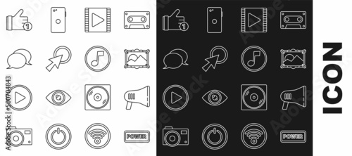 Set line Power button, Megaphone, Picture landscape, Play Video, Arrow cursor, Speech bubble chat, Hand like and Music note, tone icon. Vector