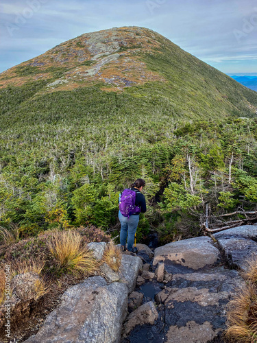 A woman hiker attempting to complete her 46 high peak challenge in Adirondack park New York looks down a rocky trail on Iroquois peak leading to Algonquin peak  photo