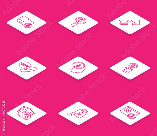 Set line Envelope with coin dollar, Magnifying glass and, Chain link, Phone speech bubble Buy, Business man planning mind, Hand holding, Shield and Shoping bag icon. Vector