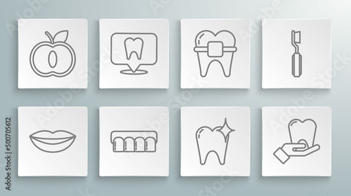 Set line Smiling lips, Dental clinic location, Dentures model, Tooth whitening concept, Teeth with braces, Toothbrush and Apple icon. Vector