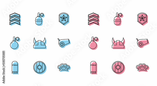 Set line Cartridges, Round wooden shield, Military rank, Brass knuckles, Viking in horned helmet, Cannon, Hand grenade and icon. Vector