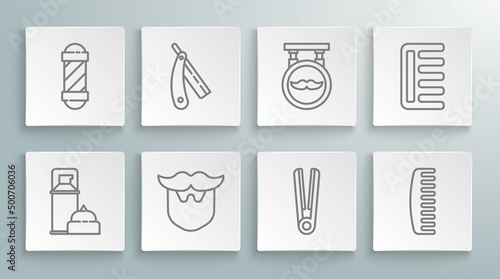 Set line Shaving gel foam, Straight razor, Mustache and beard, Curling iron for hair, Hairbrush, Barbershop, and Classic pole icon. Vector