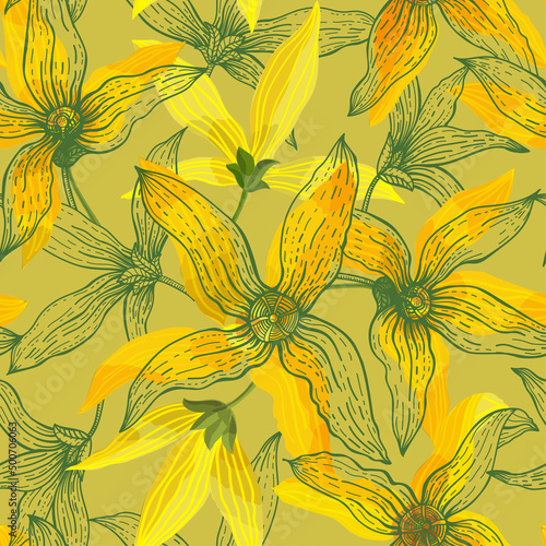 Golden Bell seamless pattern, blossoming yellow flowers. Forsythia suspensa. Hand drawn vector illustration.