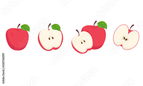 A set of different apples, a cut and a half