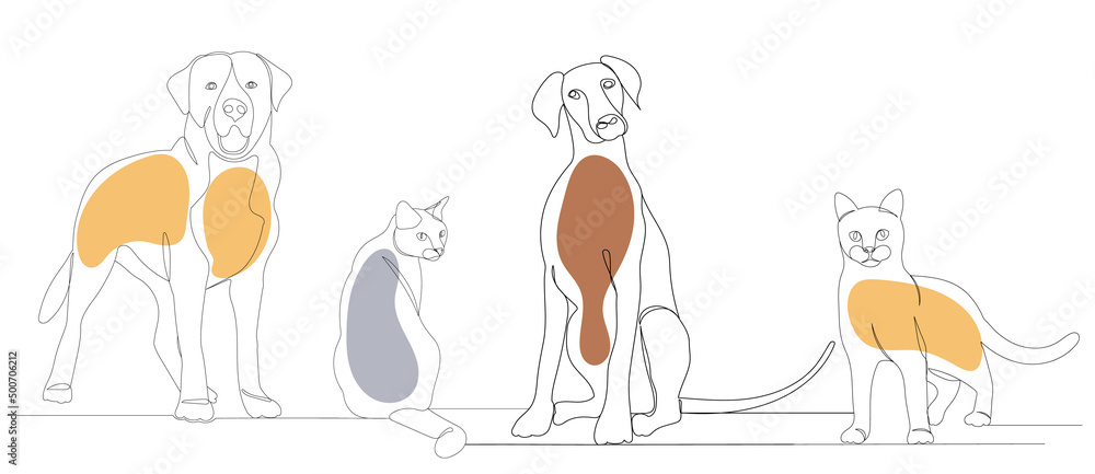 cats and dogs continuous line drawing, sketch, vector