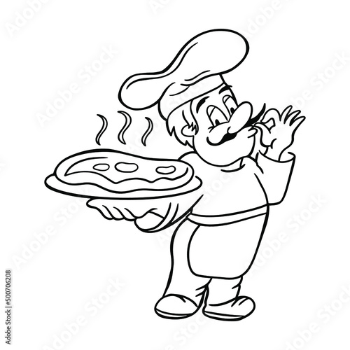 Italian chef with a pizza. Pizzaiolo vector illustration.