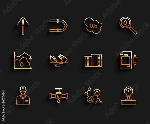 Set line Oilman, Broken pipe with leaking water, Exclamation mark triangle, Molecule oil, Gauge scale, Wrecked tanker ship, Contract money and pen and industrial factory building icon. Vector