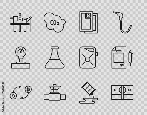 Set line Oil exchange, Stacks paper money cash, Barrel oil, Industry pipe and valve, platform in the sea, petrol test tube, leak and Contract pen icon. Vector