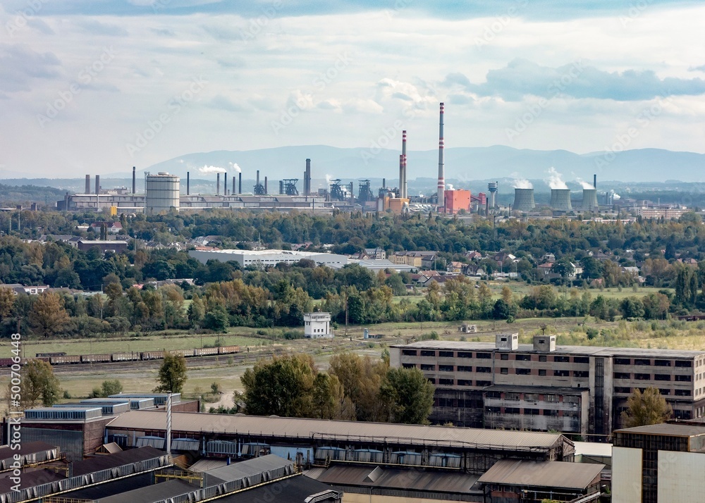 Obraz premium Landscape of industrial zone in Ostrava Kuncice and Dolni Vitkovice with a coal power plant
