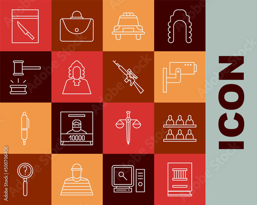 Set line Law book, Jurors, Security camera, Police car and flasher, Judge, gavel, Evidence bag knife and Sniper rifle with scope icon. Vector