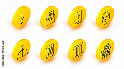 Set line Retro typewriter, Prison window, Decree, paper, parchment, scroll, Anonymous with question mark, Thief mask, Holy bible book, Subpoena and Police rubber baton icon. Vector