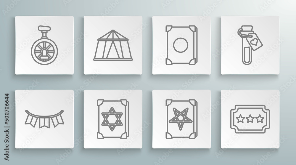 Set line Carnival garland with flags, Circus tent, Ancient magic book, Ticket, Bottle love potion and Unicycle or one wheel bicycle icon. Vector Set line Carnival garland with flags, Circus tent, Ancient magic book, Ticket, Bottle love potion and Unicycle or one wheel bicycle icon. Vector