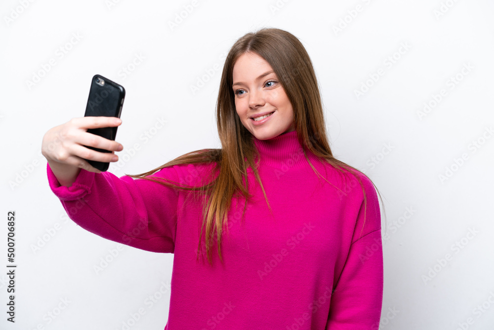 Young caucasian woman isolated on white background making a selfie Young caucasian woman isolated on white background making a selfie