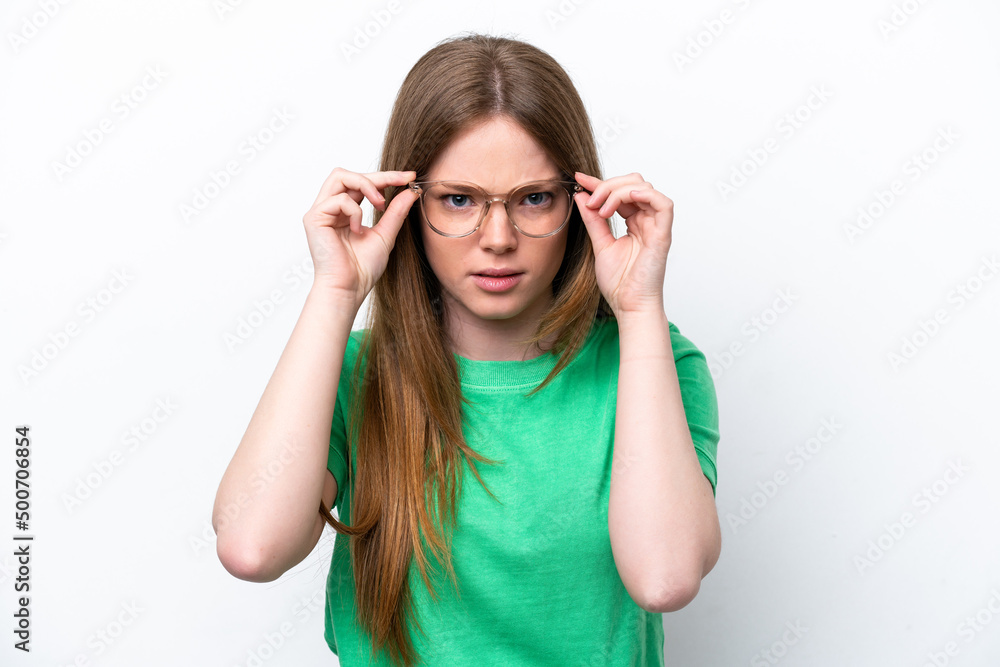 Young caucasian woman isolated on white background With glasses and frustrated expression Young caucasian woman isolated on white background With glasses and frustrated expression