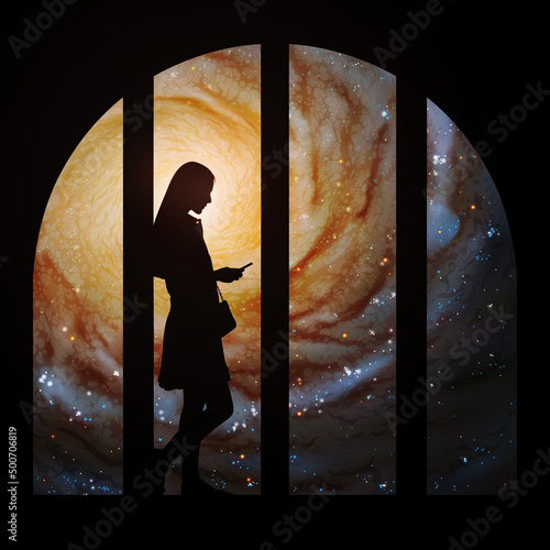 Woman stand at window. Space trip. Spaceship passenger. Spiral galaxy
