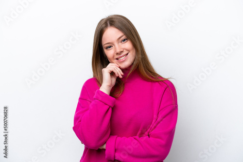 Young caucasian woman isolated on white background happy and smiling