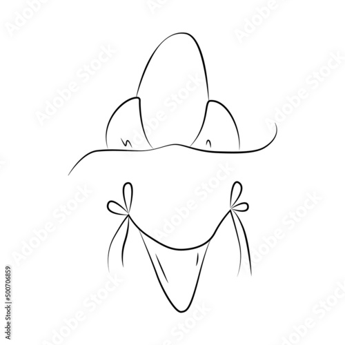 Hand drawn bikini. Sketch of a women's swimsuit for summer vacation on the beach. Black outline on a white background. Vector