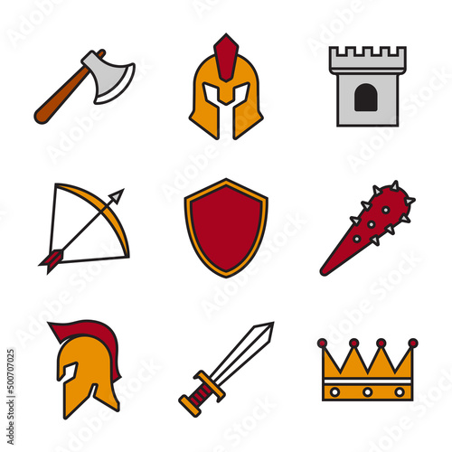 set of knight vector icons design. weapon and helmet of ancient warriors