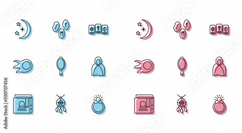 Set line Ancient magic book, Dream catcher with feathers, Moon and stars, Magic stone ring gem, hand mirror, Mantle, cloak, cape, Fireball and runes icon. Vector