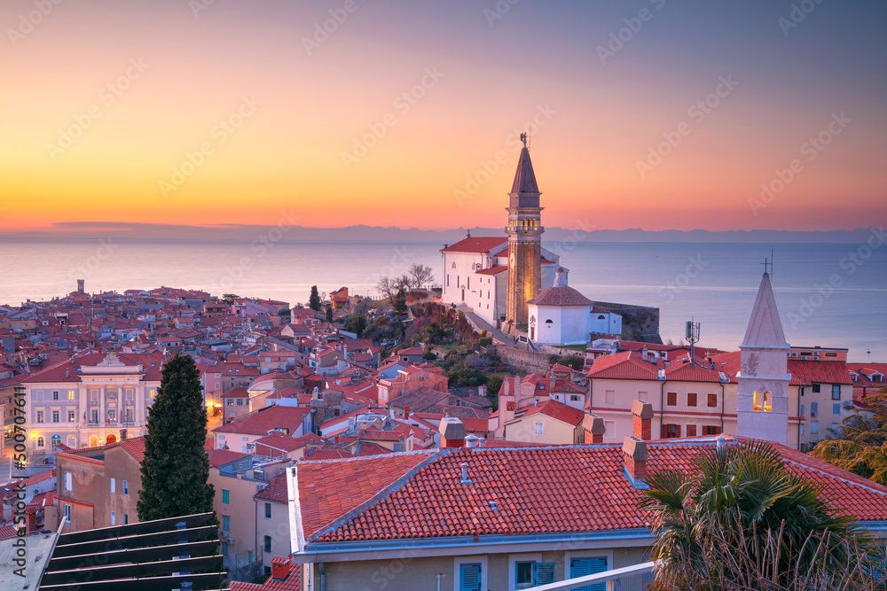 Piran, Slovenia. Aerial cityscape image of beautiful Piran, Slovenia at spring sunset.