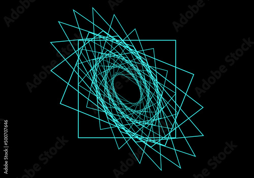 Espiral, caracola o remolino en color azul neón sobre fondo negro. 