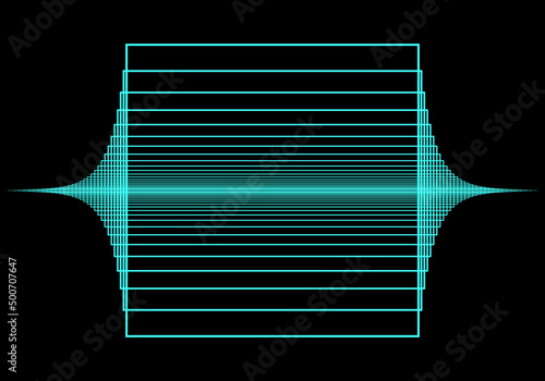 Ondas electromagnéticas en color azul neón sobre fondo negro. Expansión de líneas paralelas en azul brillante
