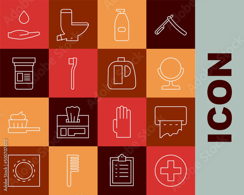 Set line Cross hospital medical, Round makeup mirror, Bottle of liquid antibacterial soap, Toothbrush, Medicine bottle, Washing hands with and Bottles for cleaning agent icon. Vector